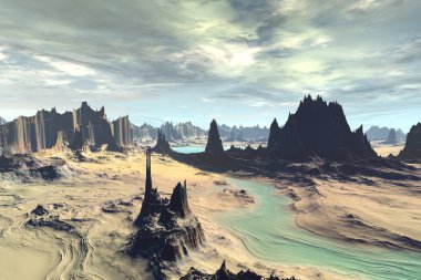3D render fantezi uzaylı gezegenine. Kayalar ve göl 