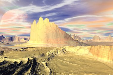 3D render fantezi uzaylı gezegenine. Kayalar ve ay