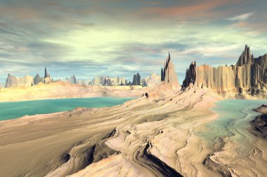 3D render fantezi uzaylı gezegenine. Kayalar ve göl 