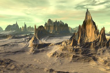 3D render fantezi uzaylı gezegenine. Kayalar ve gökyüzü 