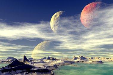 3D render fantezi uzaylı gezegenine. Kayalar ve ay