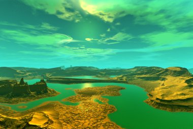 3D render fantezi uzaylı gezegenine. Günbatımı bir güneş