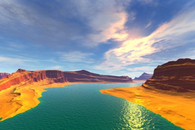 3D render fantezi uzaylı gezegenine. Günbatımı bir güneş