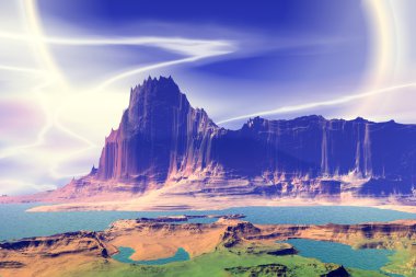 3D render fantezi uzaylı gezegenine. Kayalar ve göl 