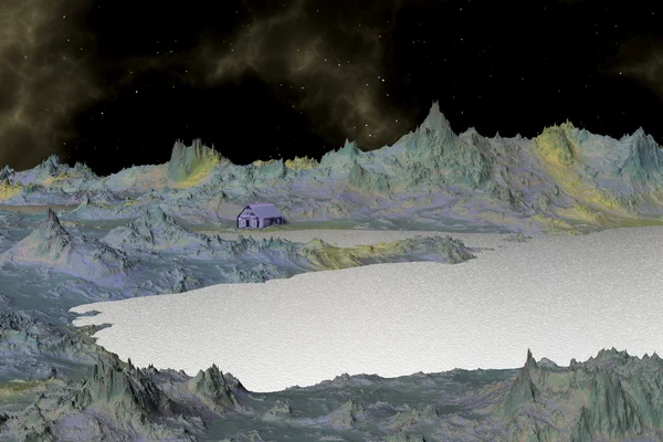 3D reso pianeta alieno fantasia. Casa lago a riva — Foto Stock