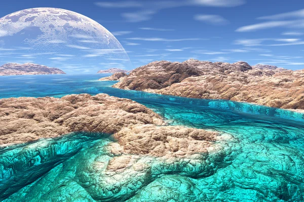 3D зобразив фентезі інопланетну планету. Скелі і Місяць — стокове фото