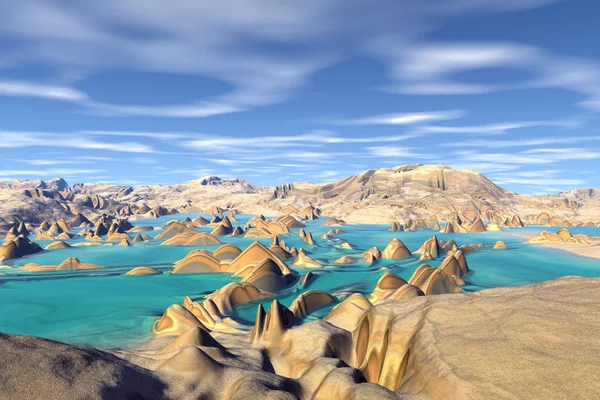 3D rendered fantasy alien planet. Rocks and lake — Stock Photo, Image