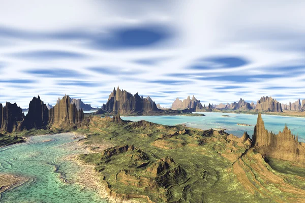 3D τετηγμένα φαντασία εξωγήινο πλανήτη. Βράχια και λίμνη — Φωτογραφία Αρχείου