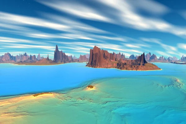 3D-gerenderde fantasie buitenaardse planeet. Rotsen en meer — Stockfoto