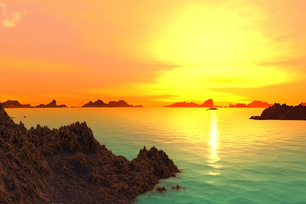 3D renderizado planeta alienígena fantasia. Pôr do sol de um sol — Fotografia de Stock