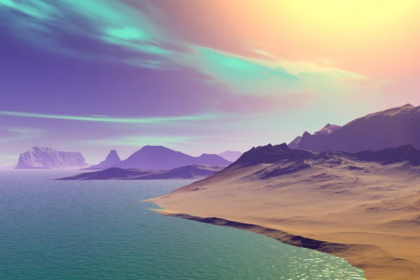 3D-gerenderde fantasie buitenaardse planeet. Zonsondergang van een zon — Stockfoto
