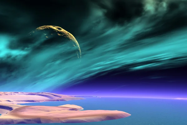 3D utsmält fantasy främmande planet. Stenar och månen — Stockfoto