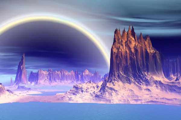 3D utsmält fantasy främmande planet. Stenar och sjön — Stockfoto