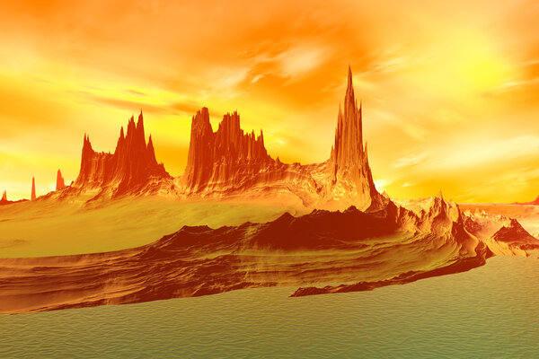Alien Planet - 3D Rendered Computer Artwork. Rocks and lake