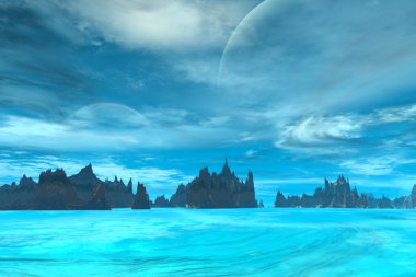 3D render fantezi uzaylı gezegenine. Kayalar ve ay