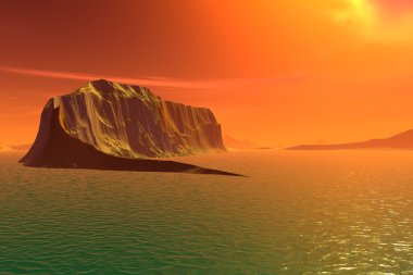 3D render fantezi uzaylı gezegenine. Kayalar ve günbatımı