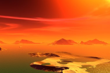 3D render fantezi uzaylı gezegenine. Kayalar ve günbatımı