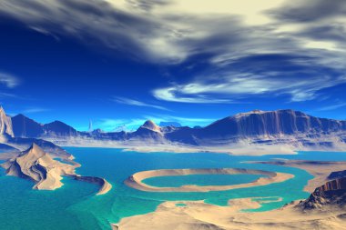 3D render fantezi uzaylı gezegenine. Kayalar ve göl 