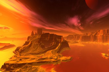 3D render fantezi uzaylı gezegenine. Kayalar ve ay