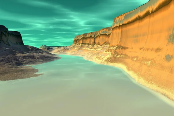 3D renderizado planeta alienígena fantasía. Rocas y lago — Foto de Stock