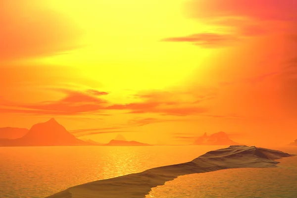 3D renderizado planeta alienígena fantasia. Pedras e pôr-do-sol — Fotografia de Stock