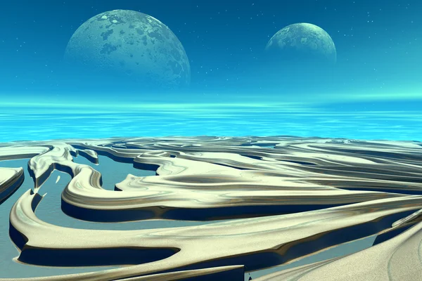 3D τετηγμένα φαντασία εξωγήινο πλανήτη. Βράχια και το φεγγάρι — Φωτογραφία Αρχείου
