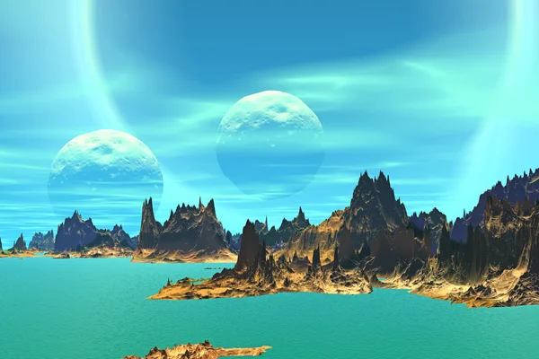 3D rendered fantasy alien planet. Rocks and  moon — Stock Photo, Image