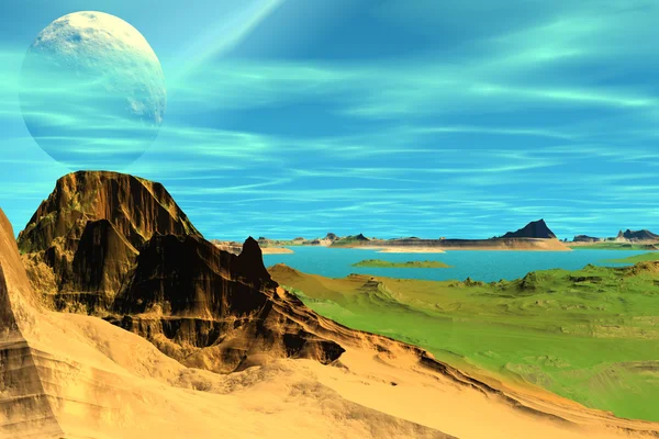 3D renderizado planeta alienígena fantasía. Rocas y luna — Foto de Stock