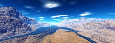 3D render fantezi uzaylı gezegenine. Kayalar ve göl 