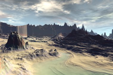 3D render fantezi uzaylı gezegenine. Kayalar ve göl 