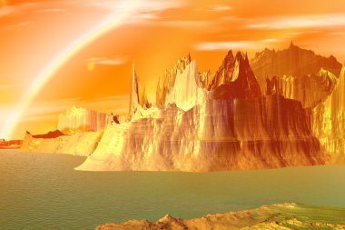 3D render fantezi uzaylı gezegenine. Kayalar ve göl 