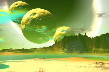 3D render fantezi uzaylı gezegenine. Kayalar ve göl 