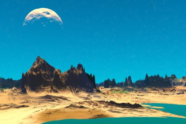 3D render fantezi uzaylı gezegenine. Kayalar ve göl 