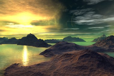 3D render fantezi uzaylı gezegenine. Kayalar ve günbatımı