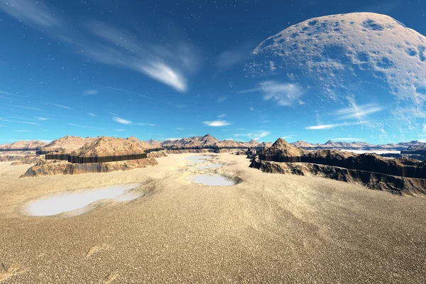 3D рендеринг фантазии чужой планеты. Скалы и озеро — стоковое фото