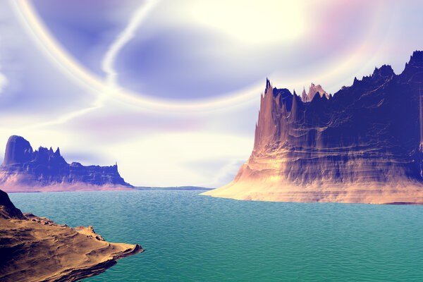 Alien Planet - 3D Rendered Computer Artwork. Rocks and lake