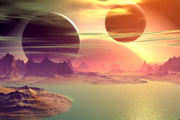 3d 렌더링된 판타지 외계 행성입니다. 바위와 호수 — 스톡 사진