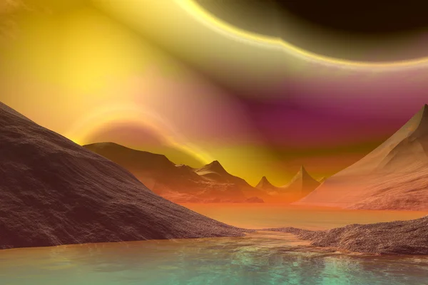 3D wytopione fantasy obcej planety. Skały i jeziora — Zdjęcie stockowe