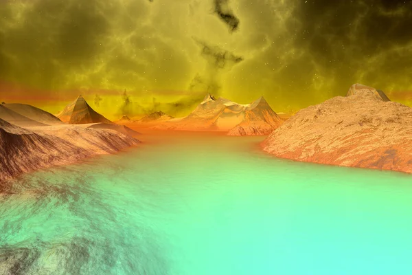 3D rendered fantasy alien planet. Rocks and lake — Stock Photo, Image