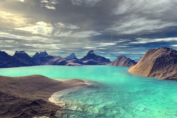 3D reso pianeta alieno fantasia. Rocce e lago — Foto Stock