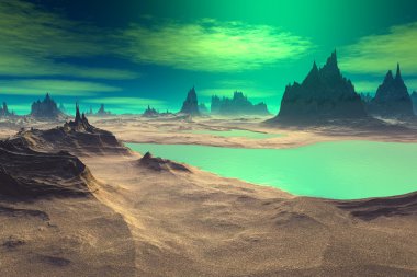 3D render fantezi uzaylı gezegenine. Kayalar ve göl 