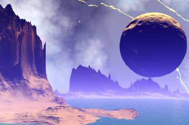 3D render fantezi uzaylı gezegenine. Kayalar ve ay