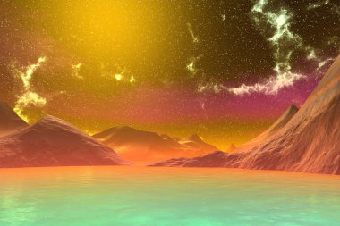 3D render fantezi uzaylı gezegenine. Kayalar ve göl 