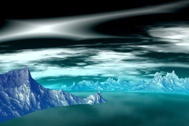 3D render fantezi uzaylı gezegenine. Kayalar ve göl 