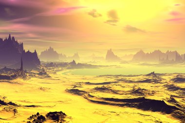 3D render fantezi uzaylı gezegenine. Kayalar ve göl 