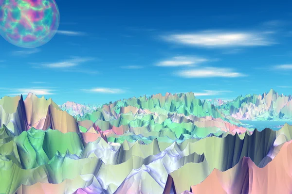 3D machte Fantasie außerirdischen Planeten. Felsen und Mond — Stockfoto