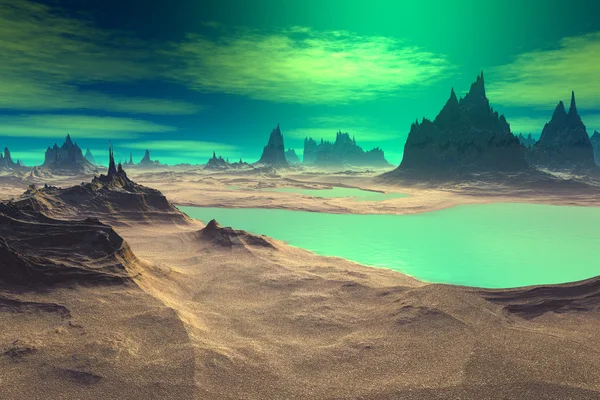 3D-gerenderde fantasie buitenaardse planeet. Rotsen en meer — Stockfoto