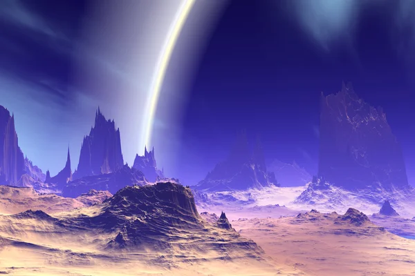 3D renderizado planeta alienígena fantasía. Rocas y cielo —  Fotos de Stock