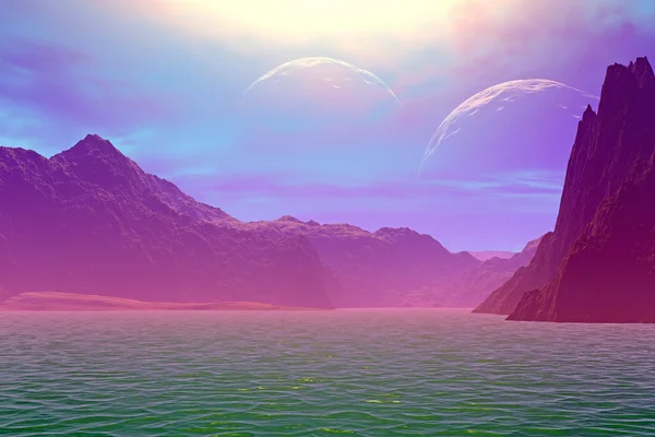 3D wytopione fantasy obcej planety. Skały i księżyc — Zdjęcie stockowe