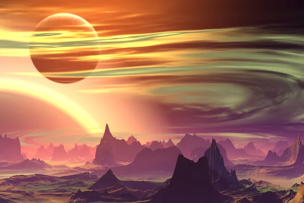 3D rendered fantasy alien planet. Rocks and  moon — Stock Photo, Image